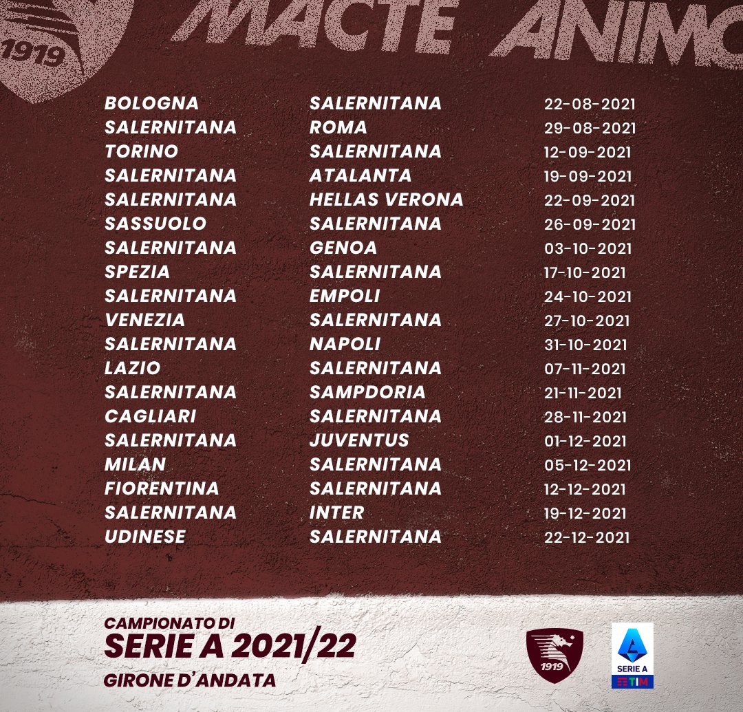 Calendario Serie A la Salernitana all’esordio con il Bologna IN